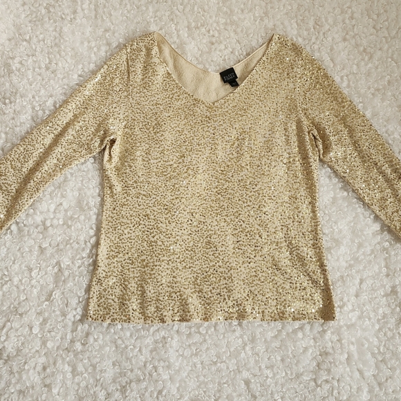 Eileen Fisher 80% Silk Cotton Sz L Vintage Gold Sequin V-Neck Top Party Evening - Picture 8 of 16